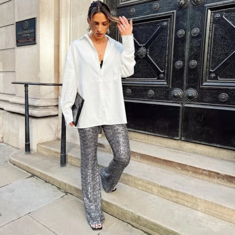 BLOGGER'S FAVE! Zara Flared Sequin Leggings Dark Silver NWT